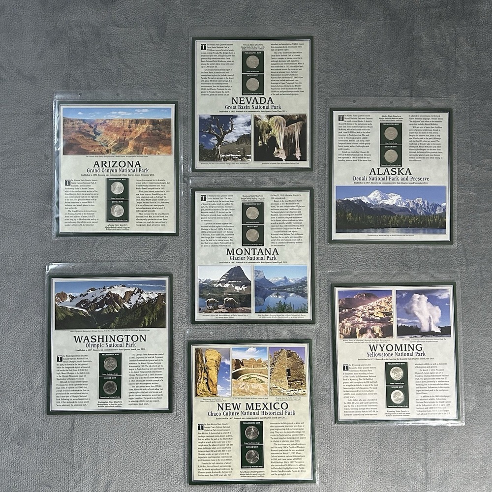 Western States Quarters & Stamps Collection – 7 Pages AZ NV AK MT WA NM WY‎ Set